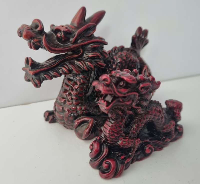 Paur of Cinnabar Red Chinese Dragon Resin Figurine Statue