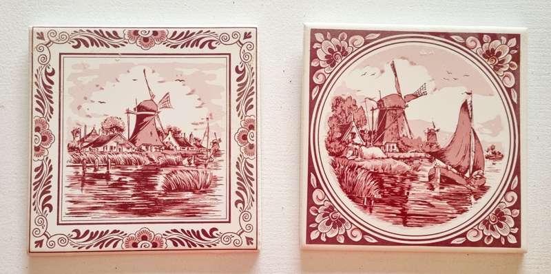 Pair of Red Holland Delft Porcelain Tiles