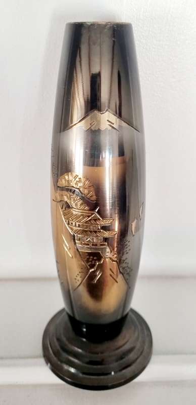Vintage Japanese Gilt and Silver Dark Mixed Metal Bulbous Vase, signed by artist