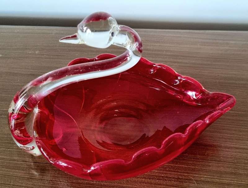 Vintage Ruby Red & Clear Handblown Art Glass Swan Figurine