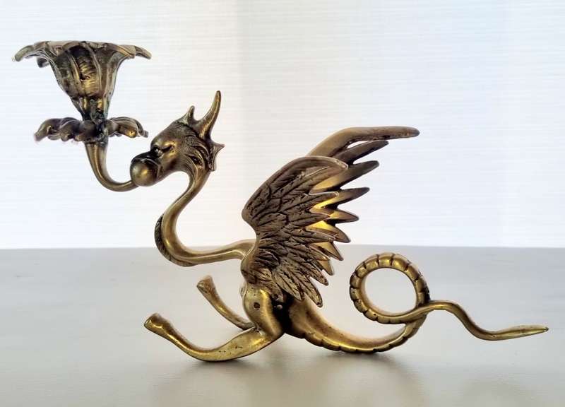 Antique Brass Dragon, Phoenix, Griffin, Winged Mythical Creature Candle Holder