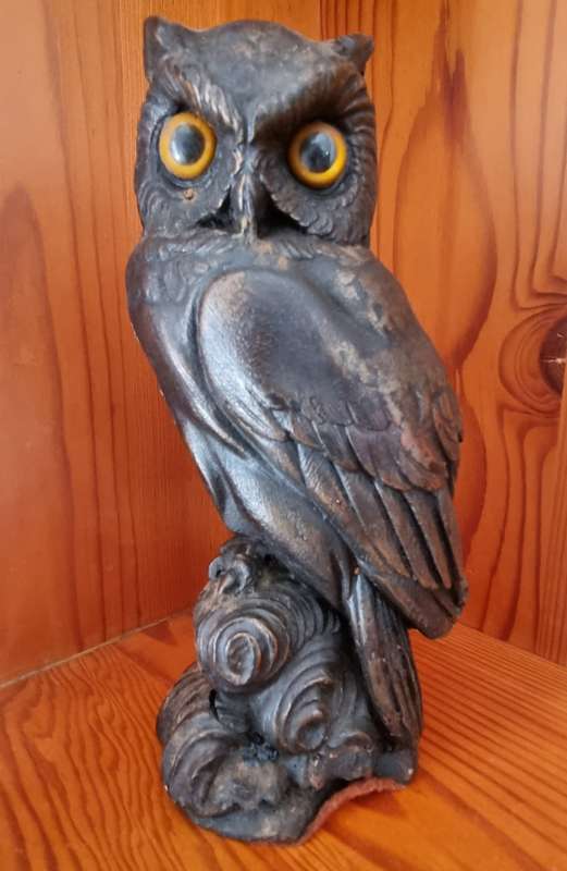 Old craved Wax Owl Candle with Glass Eyes