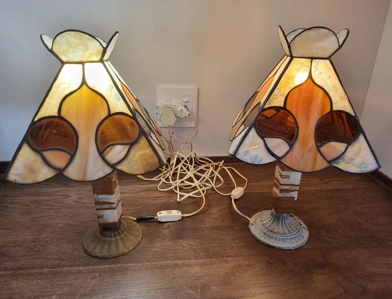 Pair of stained lead glass marble brass table lamp shades