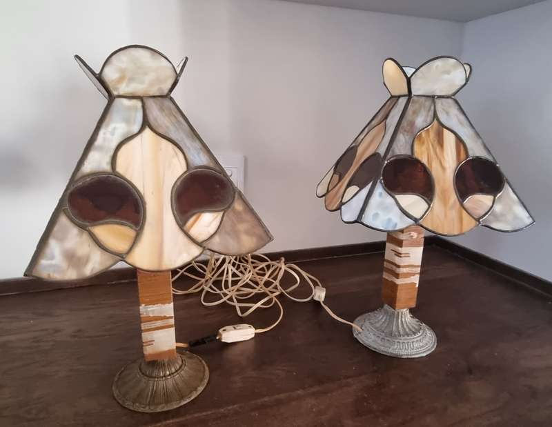 Pair of stained lead glass marble brass table lamp shades