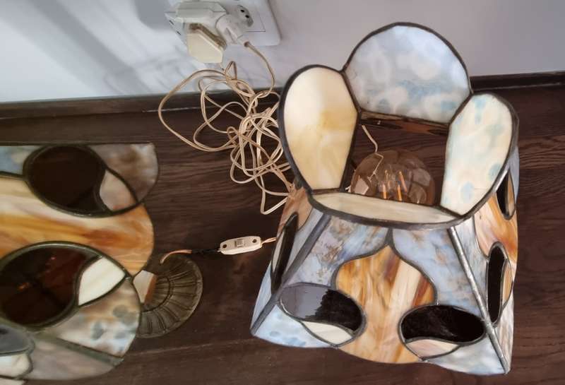 Pair of stained lead glass marble brass table lamp shades