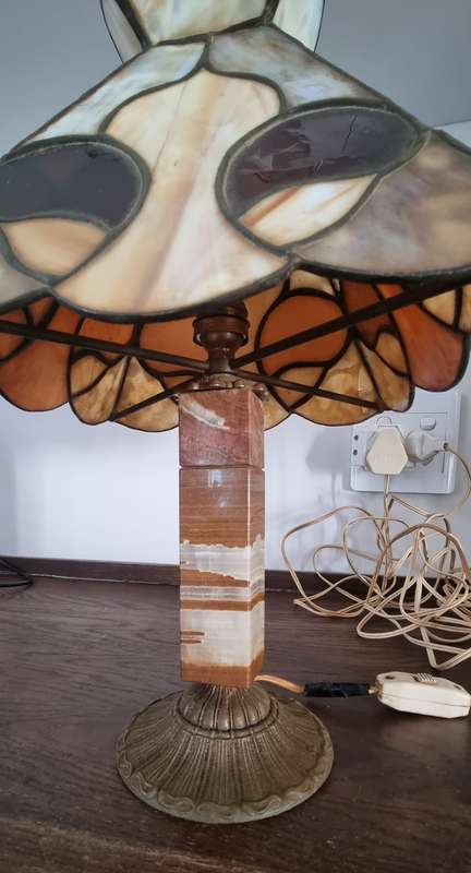 Pair of stained lead glass marble brass table lamp shades