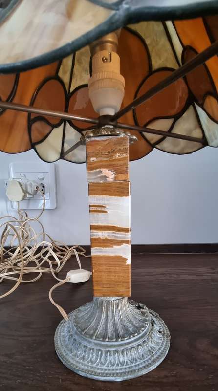 Pair of stained lead glass marble brass table lamp shades