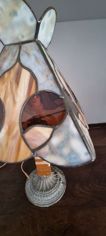 Pair of stained lead glass marble brass table lamp shades