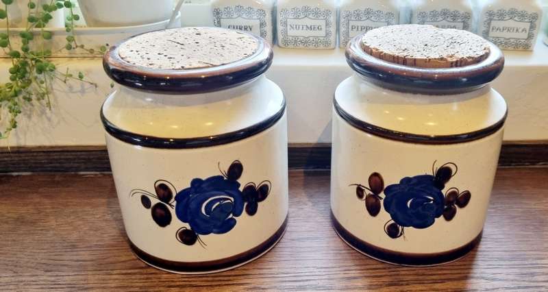 PAIR OF SMF SCHRAMBERG HANDGRMALT MAJOLICA GERMAN ART POTTERY BLUE ROSE CORK JARS