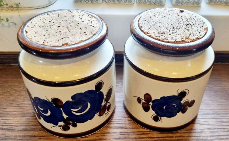 PAIR OF SMF SCHRAMBERG HANDGRMALT MAJOLICA GERMAN ART POTTERY BLUE ROSE CORK JARS