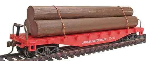 HO Burlinton 40' Flat Car With Logs and Knuckle Couplers - Scale 1/87 By Model Power.