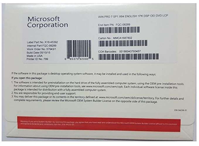 Windows 7 Professional SP1 64bit DVD Pack - with Licence