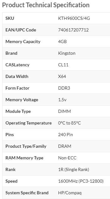Kingston HP KTH9600CS/4G 4GB DDR3 Desktop Memory Module 1600Mhz Non ECC Memory RAM DIMM