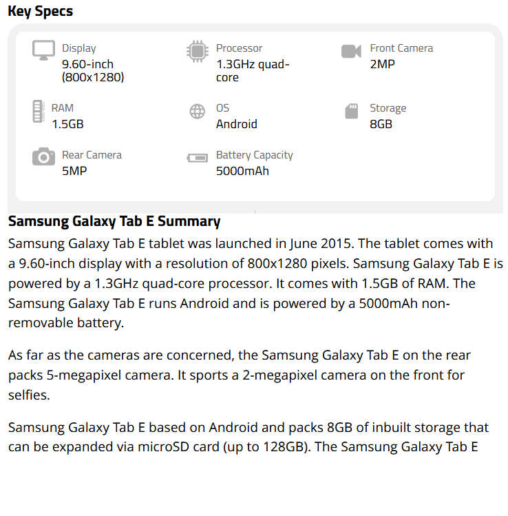 SAMSUNG GALAXY TAB E | WIFI | 8GB | BLACK | 9.6` | SM-T560 | 1200 x 800 Pixels