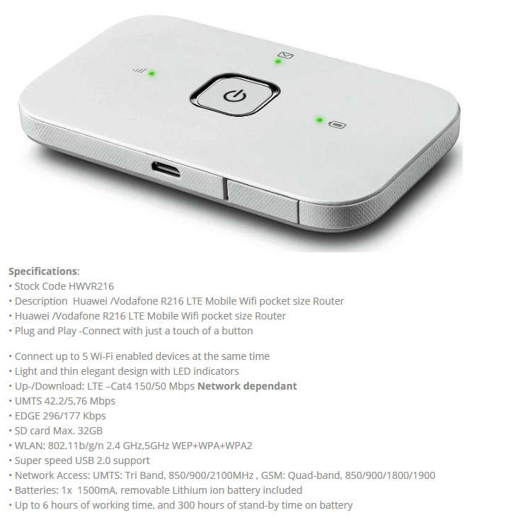 Vodafone Mobile Wi-Fi R216 4G LTE Wireless Hotspot Modem Router
