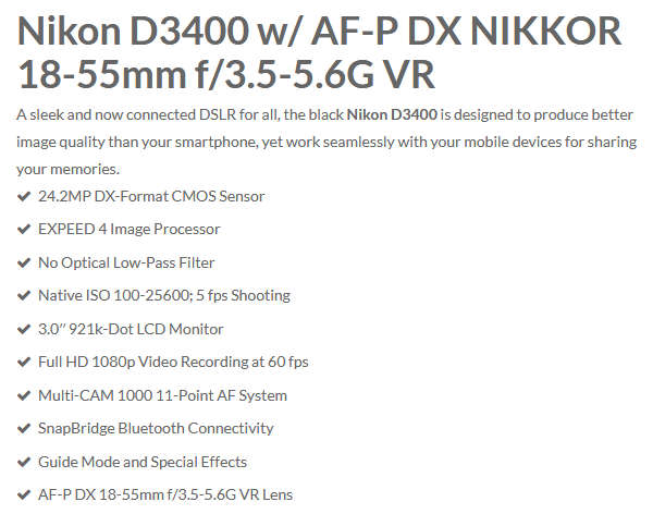 Nikon D3400 24.2 MP CMOS Digital SLR Camera body + Nikon AF-P 18-55 VR Lens Kit