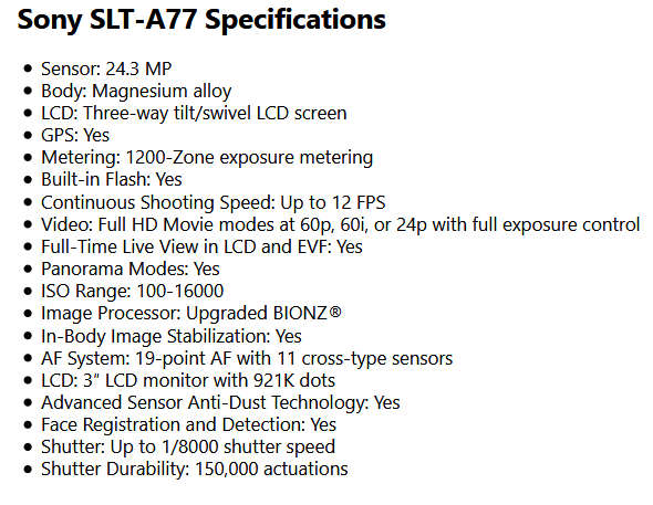 Sony Alpha SLT-A77 DSLR Digital Camera (Body Only) 24.3 MegaPixels Professional BODY