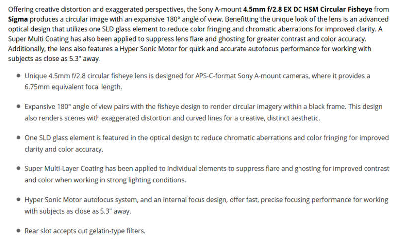 Sigma 4.5mm f/2.8 EX DC HSM Circular Fisheye Lens [SONY A-MOUNT]