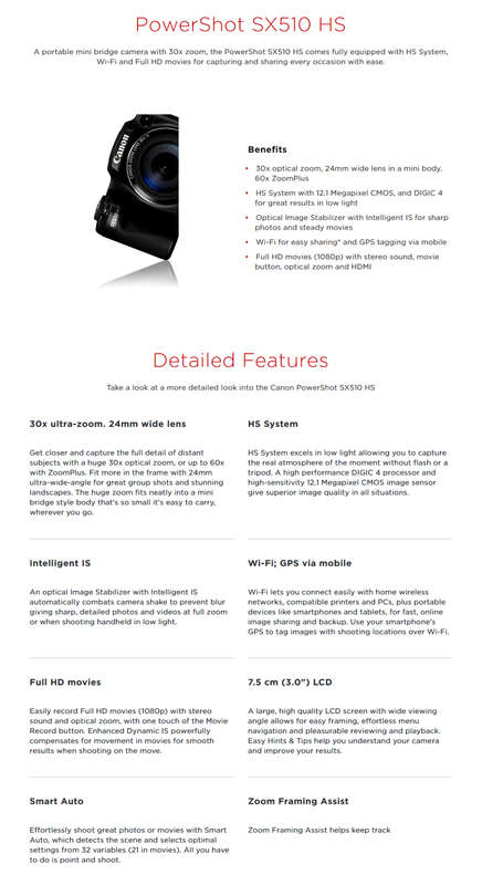 Canon PowerShot SX510 HS 12.1 MP Digital Camera | WiFi | 30x Optical Zoom & 1080p Full-HD Video