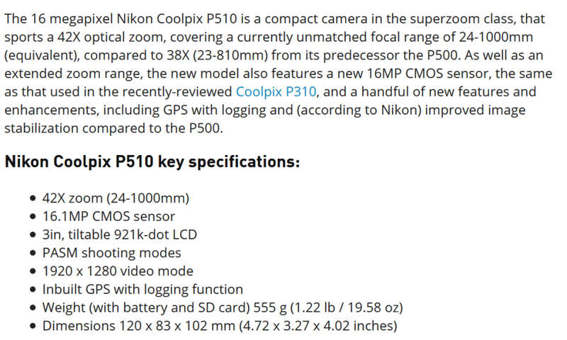 Nikon COOLPIX P510 16.1 MP CMOS Digital Camera with 42x Zoom GPS Record Location