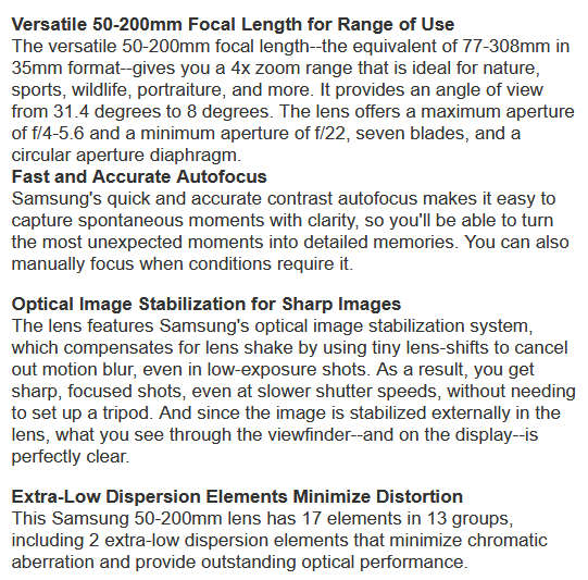 Samsung 50-200mm III f/4.0-5.6 ED OIS Lens for SAMSUNG NX DIGITAL CAMERAS