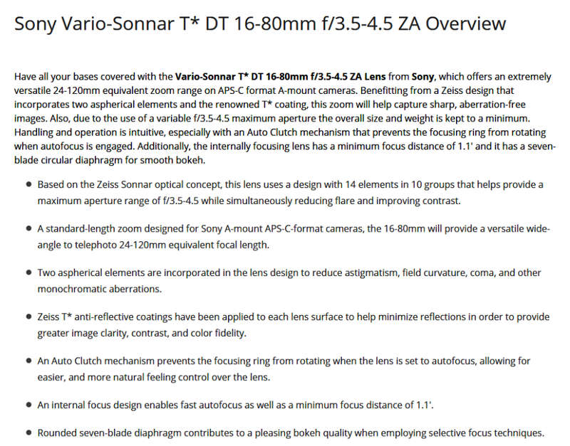 Sony 16-80mm Carl Zeiss Vario-Sonnar T* DT Zoom Lens for Sony A Mount