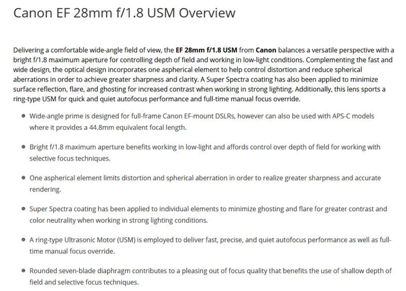 Canon EF 28mm f/1.8 USM Ultrasonic Wide-Angle Lens (Canon Mount) Full Frame