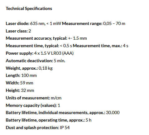 Bosch DLE 70 Distance Meter, 0.05  70 m Range, ±1.5 mm Accuracy