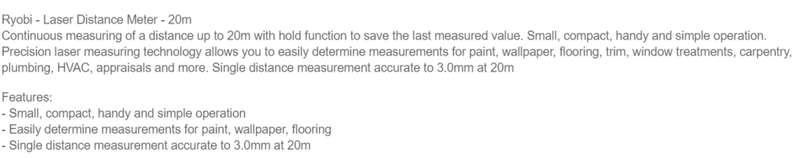 Ryobi - Laser Distance Meter 20m LDM-20