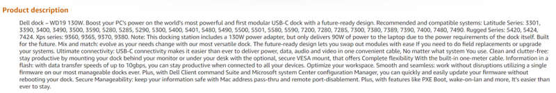 Dell WD19s Docking Station USB-C Type-C Dock K20A - Includes 130W Dell Power Adapter