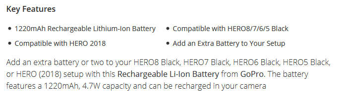 GoPro Rechargeable Li-Ion Battery for HERO8/7/6/5 Black and HERO 2018