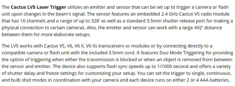 CACTUS LASER TRIGGER LV5 CAMERA REMOTE CONTROL