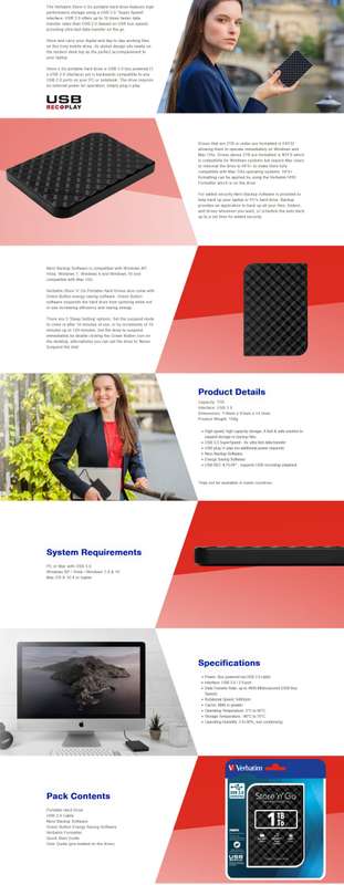 Verbatim Store 'n' Go USB 3.0 Hard Drive 1TB Black | Portable | External | 1000GB | Brand new