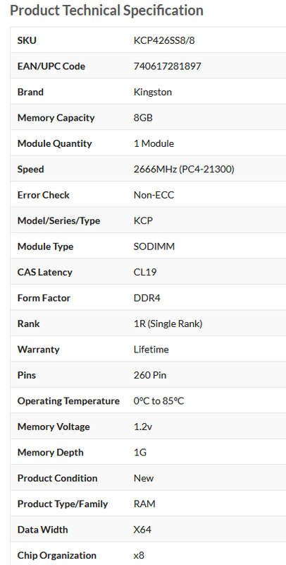 Laptop RAM - Kingston 8GB DDR4 RAM 2666Mhz SO-DIMM 260-pin Notebook Memory KCP426SS8/8