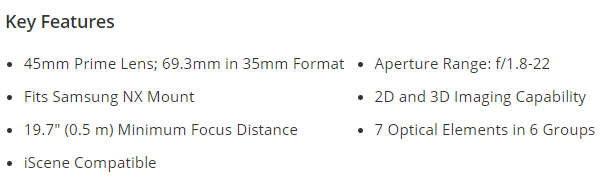 Samsung 45mm f/1.8 2D/3D Telephoto Lens (Black) [ PRIME / PORTRAIT ] for NX Series Cameras