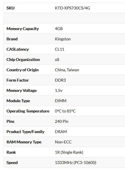 Kingston 4GB DDR3 Desktop RAM Memory Module [KTD XPS730CS/4G]