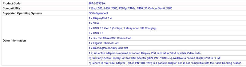 Lenovo ThinkPad Basic Docking Station 40AG0090SA + 90W AC Adapter T480 T490 L580 T490s T590 T580 Etc