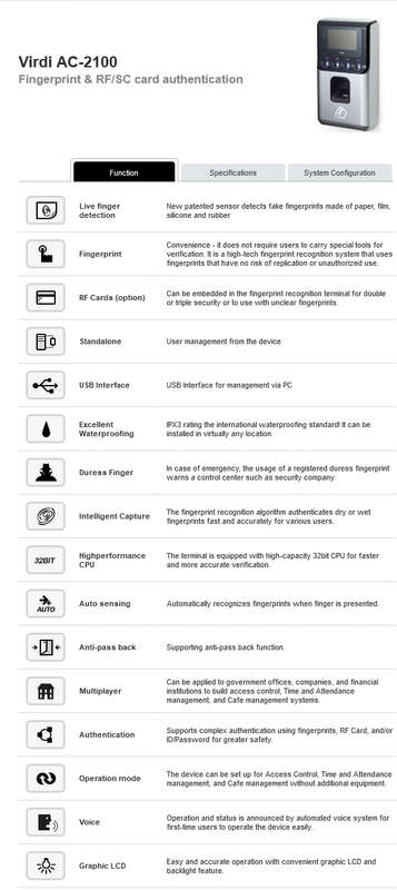 Virdi AC-2100 Fingerprint & RF/SC card authentication - Biometric Fingerprint Reader