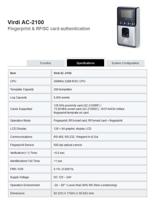 Virdi AC-2100 Fingerprint & RF/SC card authentication - Biometric Fingerprint Reader