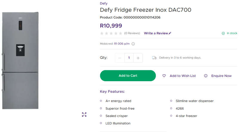 Defy Double door Fridge Freezer with Water dispenser - Unused Demo
