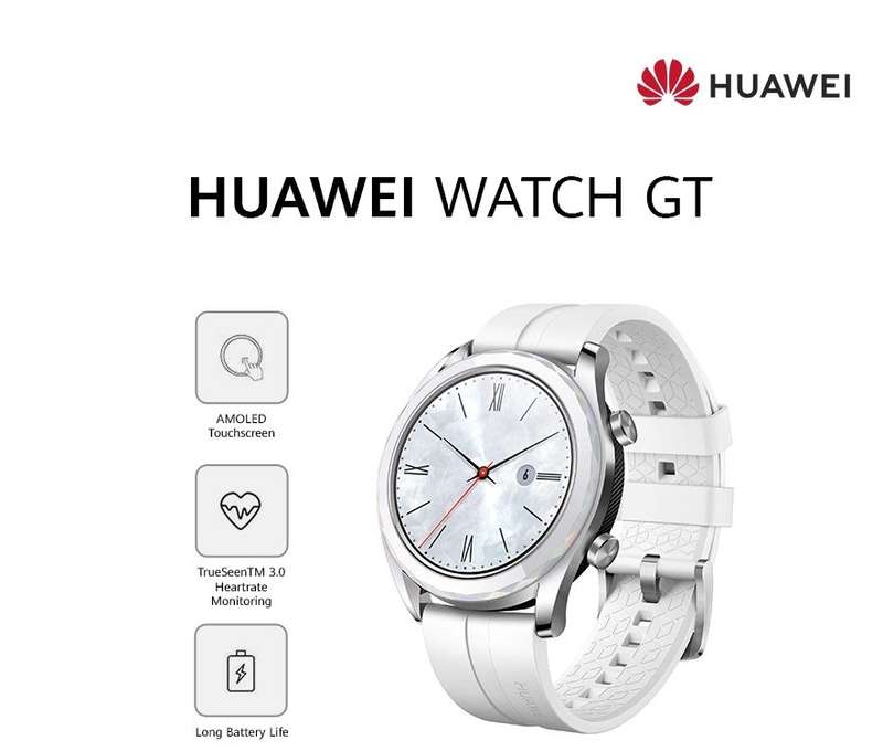 Huawei Watch GT (ELA-B19) Smart Watch 42mm BT Version, Water Proof, White Band Elegant Edition