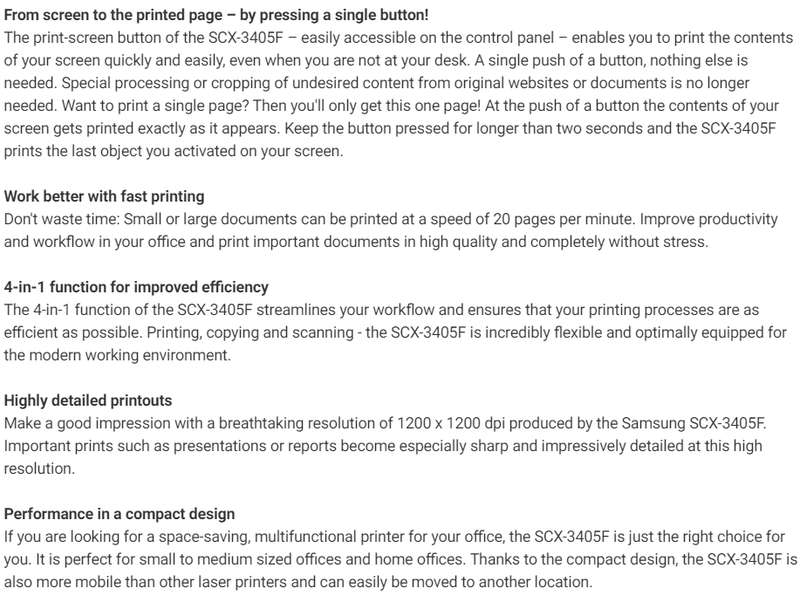Samsung SCX-3405F Mono laser multifunction printer A4 Printer, scanner, copier, fax ADF