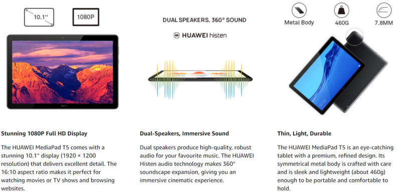 Huawei MediaPad T5 Tablet with 10.1" IPS FHD Display, Octa Core, Dual Harman Kardon-Tuned Speakers