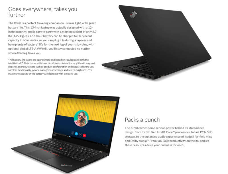 Lenovo ThinkPad X390 Laptop, 13.3" FHD Display, Intel Core i7-8665U Upto 4.8GHz, 8GB RAM, 1TB SSD
