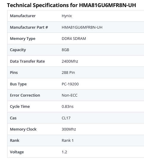 Hynix 8GB DDR4 RAM for Desktops 1.2V Memory Module DDR4-2400MHz [HMA81GU6MFR8N-UH]