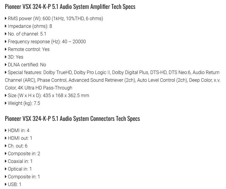 Pioneer VSX 324-K-P 5.1 Audio System Amplifier