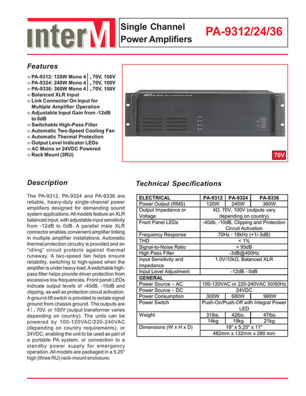 Inter-M PA-9324 Single Channel Heavy-Duty Public Address Power Amplifier Amp 240W