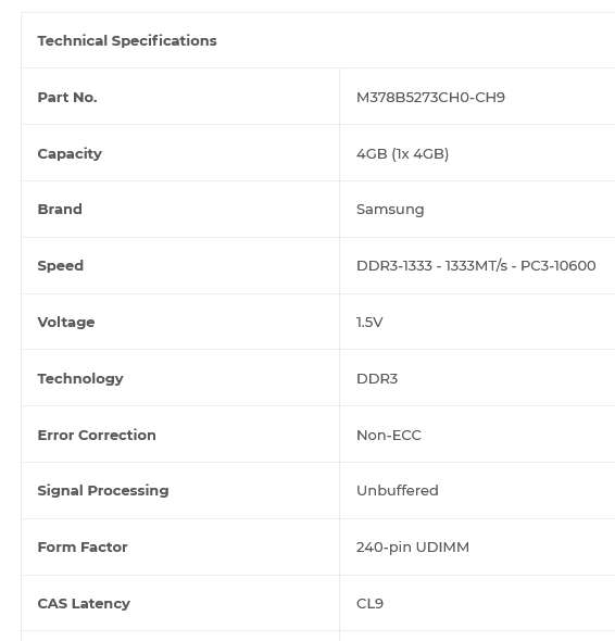 Samsung 4GB (1x 4GB) CL9 DDR3-1333 PC3-10600 1.5V 240-pin UDIMM RAM Module [for DESKTOP]