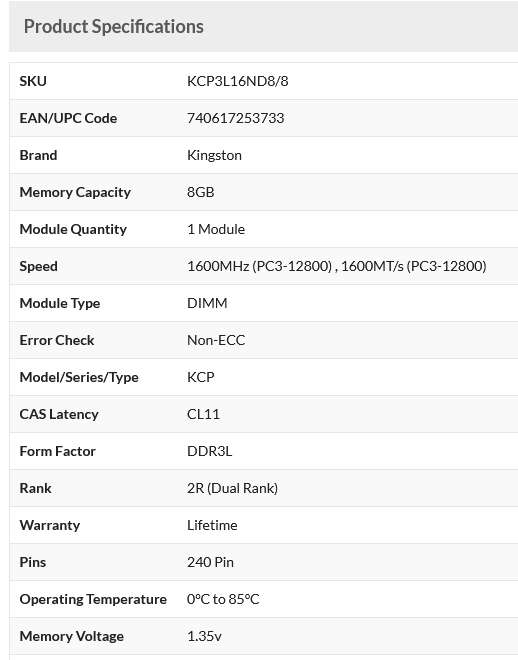 Kingston 8GB DDR3L 1600MHz Desktop Memory Module (KCP3L16ND8/8)