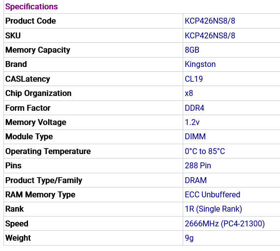 Kingston ValueRAM 8GB DDR4 2666MHz Desktop Memory Module [ KCP426NS8/8 ]